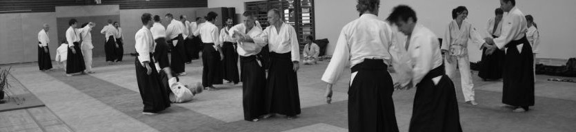 Viele Personen sind auf der Tatami sichtbar und üben in Zweierpaaren Techniken
